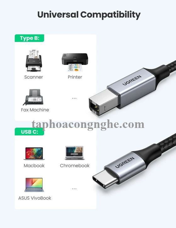 Ugreen 80808 3M màu xám đầu nhôm cáp USB type C ra usb B máy in dây dù US370 30080808